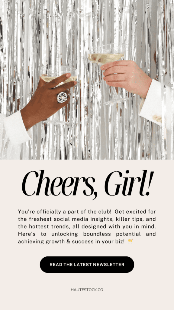 Email marketing graphic featuring women cheer-sing champagne. 