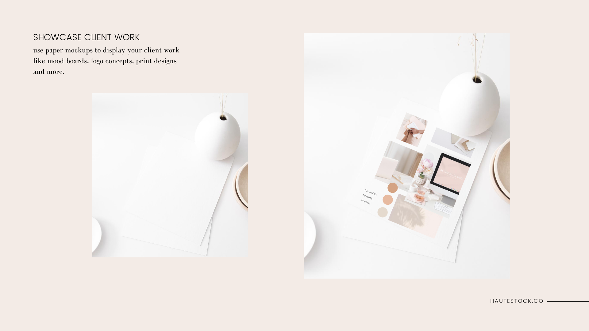 How to use paper stock photo mockups for portfolio or to showcase client work. Haute Stock styled stock image mockup with pink feminine brand board.