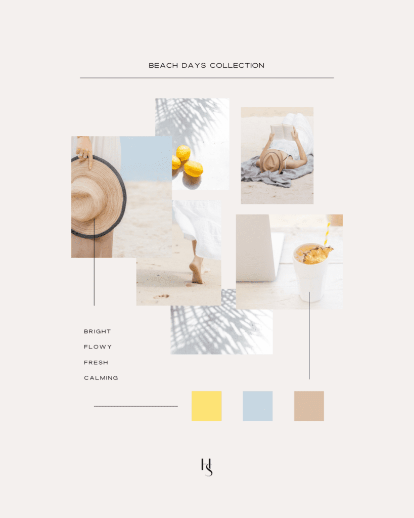 Brand board featuring beach stock images on woman on the beach, reading, relaxing, and images of fresh lemons.