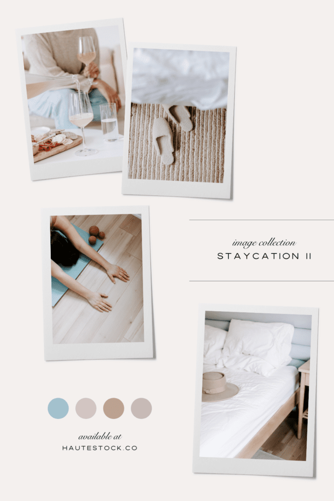 Mood board of images featuring wellness and lifestyle such as enjoying a glass of wine, slippers by a bed, woman doing yoga and a cozy bed.