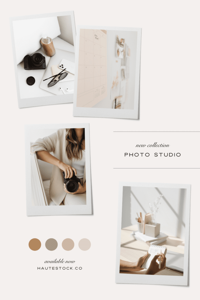 Mood board featuring content creation stock images of a woman holding a camera, photoshoot planning, content calendars and shoot props.