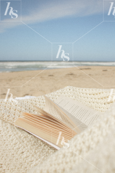 Styled stock photo of a picnic blanket with an open book on a sandy beach
