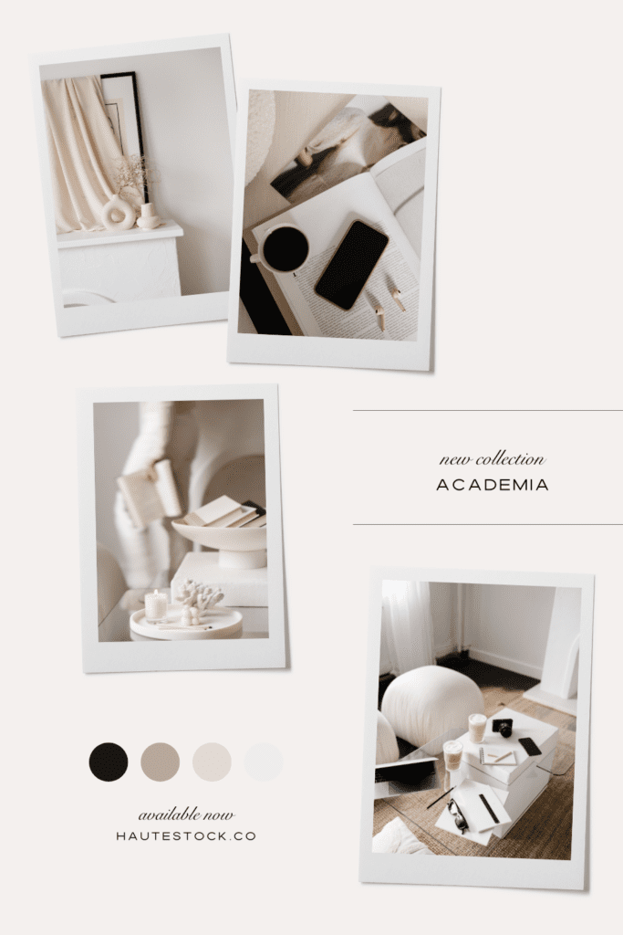A mood board featuring a neutral color palette and workspace and interior images of home decor, flatlays with phones, coffeee, books, and tech and styled coffee tables with books and home decor.