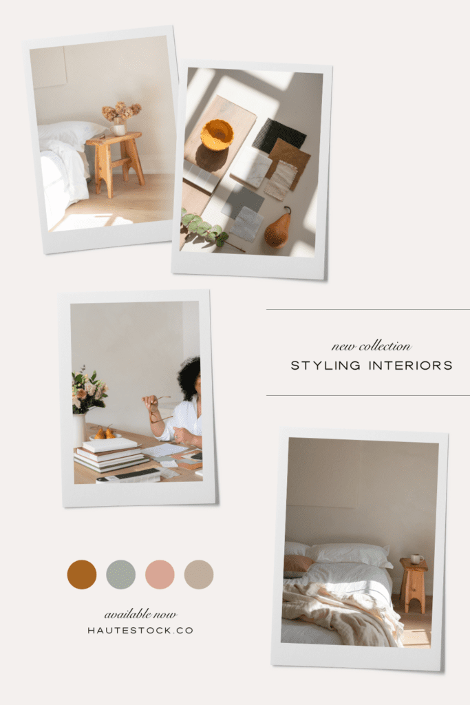 A mood board showing the colour palette of the interior design stock image collection with creamy linens, colour swatches and side tables.