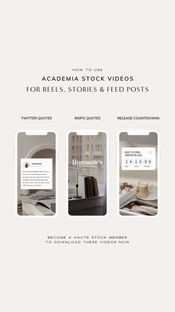 Social media design examples of how to use Haute Stock's Academia stock video collection for your business. Use stock videos as a women business owner to make twitter quotes, inspirational quotes and release countdowns.