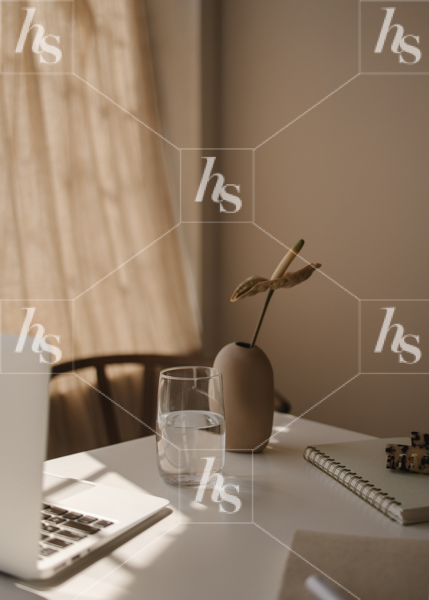 Workspace stock photos with vase, water glasses and notebooks