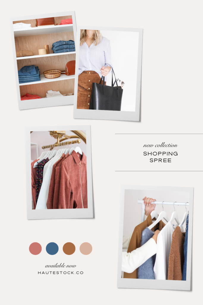 Mood board for Shopping Spree stock photography collection in burgundy, navy and neutrals.