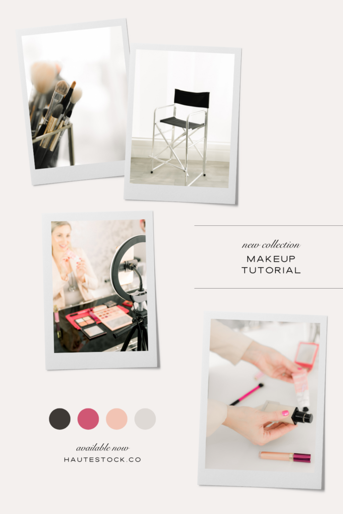 Mood board featuring beauty stock photos of woman in a beauty salon applying makeup, giving tutorial, using makeup brushes and makeup products