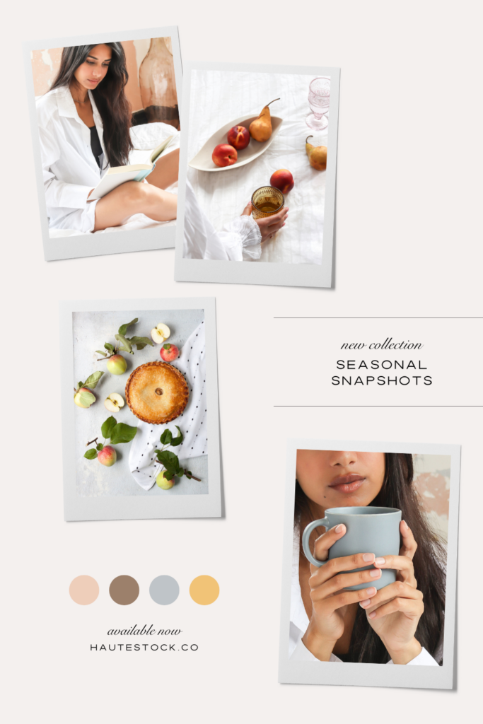 Mood board featuring seasonal stock photography from Haute Stock of tableware scenes and woman reading drinking out of mug. Join now to get access to our Seasonal Lifestyle Stock Photo collection.