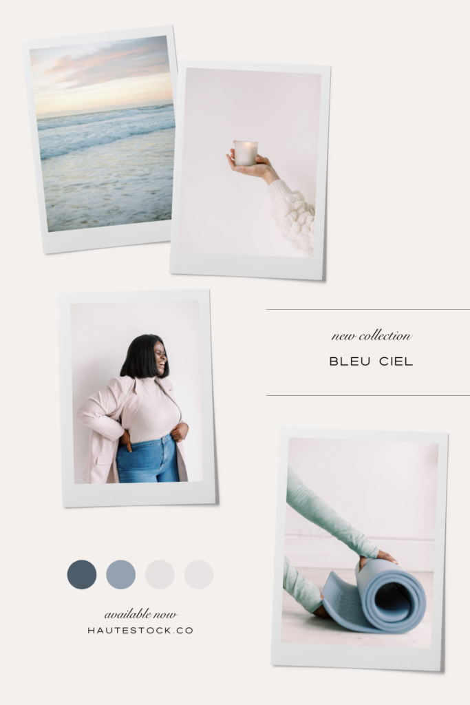 Mood board featuring blue hue landscapes of the sky and ocean, and body positive stock photos of diverse models.