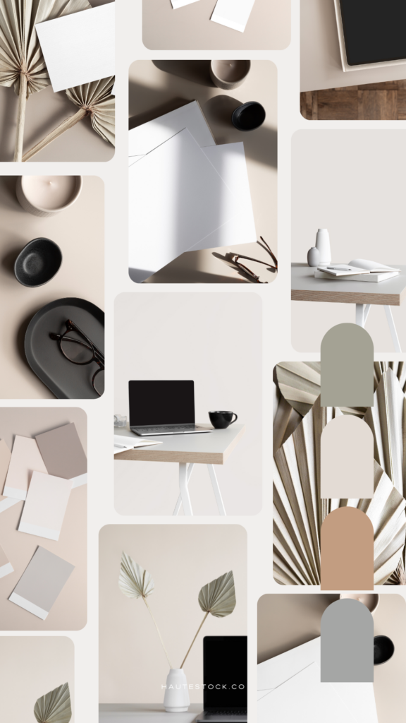 Mood board for Mockups stock photography collection in tan, taupe, brown and soft green palette