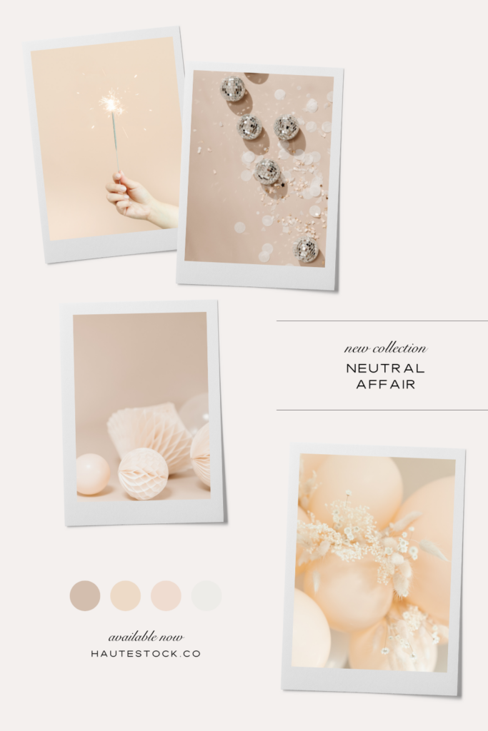 Mood board by Haute Stock featuring neutral Holiday color palette of party balloons, paper ornaments, disco balls and sparklers