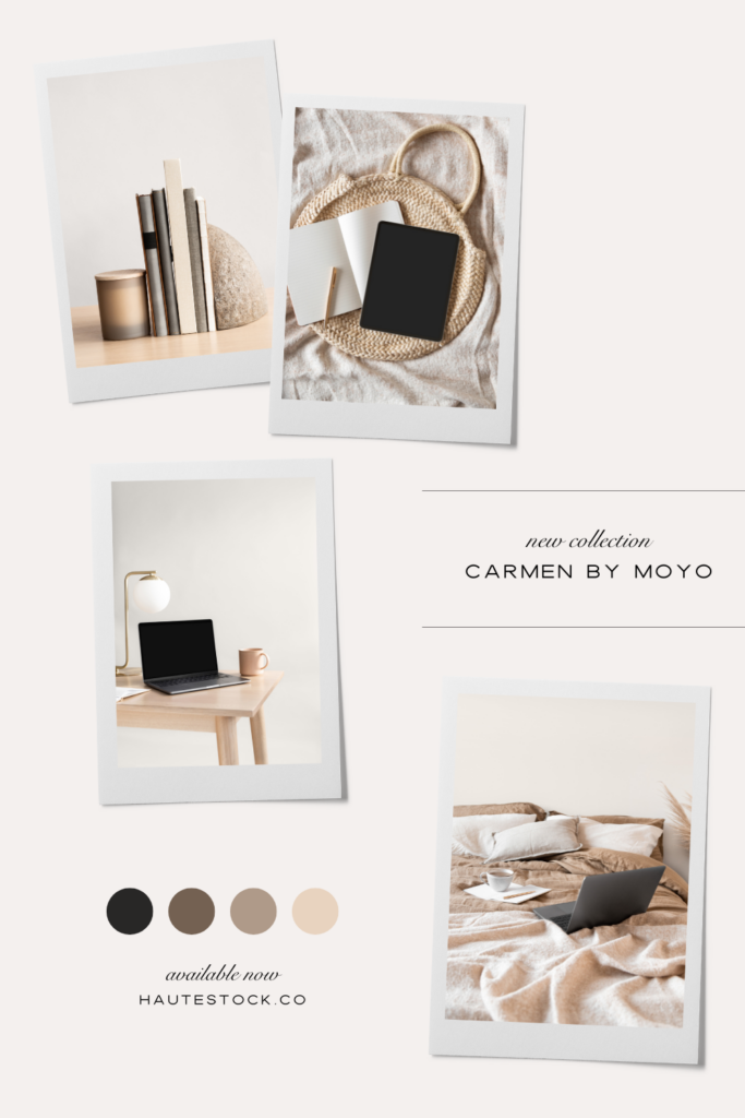 Moodboard of stylish stock images featuring tech mockups and lifestyle images in brown and neutral color palette perfect for earthy brands.