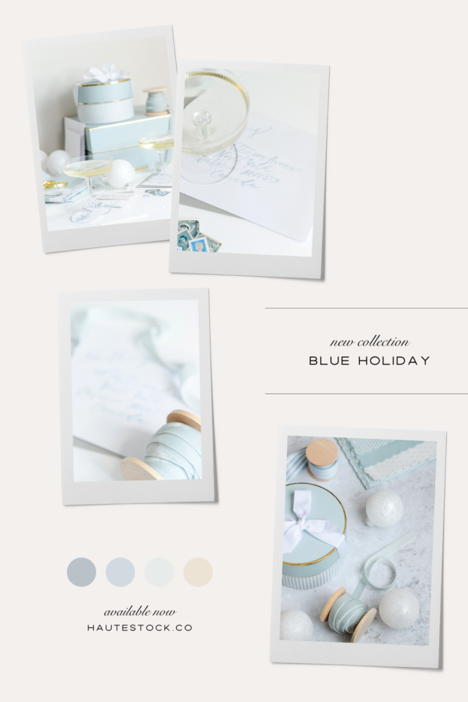Mood board for Blue Holiday Collection featuring color palette of soft blue, marble, and gold seasonal holiday images