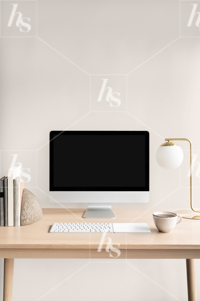Stylish computer mockup photo on neutral desk perfect to display your designs