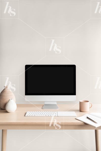 Stylish computer mockup photo on neutral workspace perfect for your designs