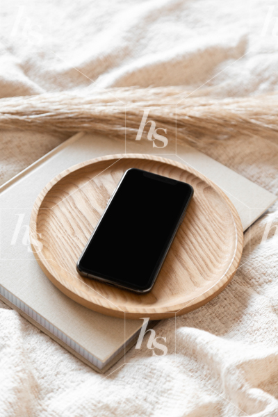 Styled stock photography by Haute stock featuring an iPhone mockup on wood tray