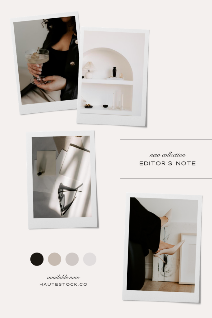 Mood Board for Editor's Note collection that features images of high fashion and creative workspaces in a neutral color palette and bold black accents.