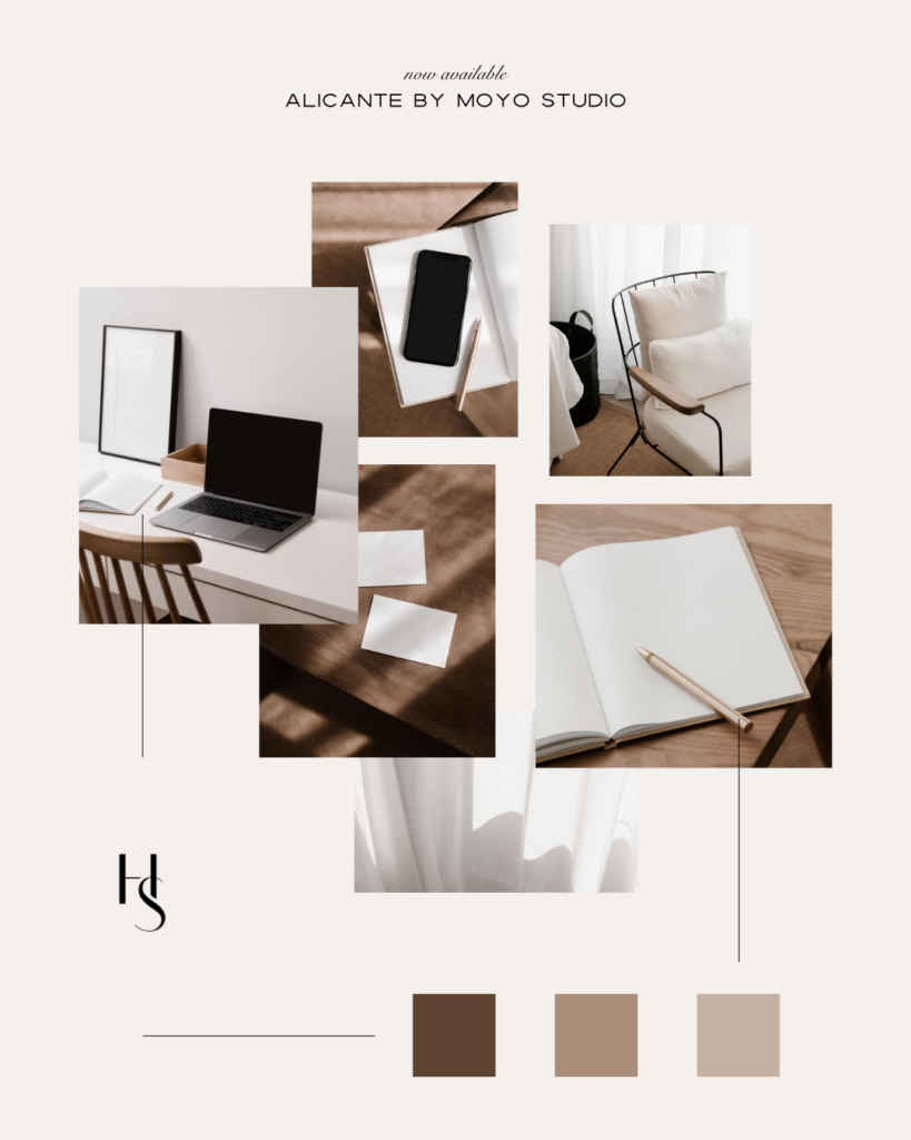 Mood board of styled stock images featuring tech mockups and lifestyle images in rich brown and earthy color palette. Minimalist Mockups and Flat Lays by Moyo Studio.