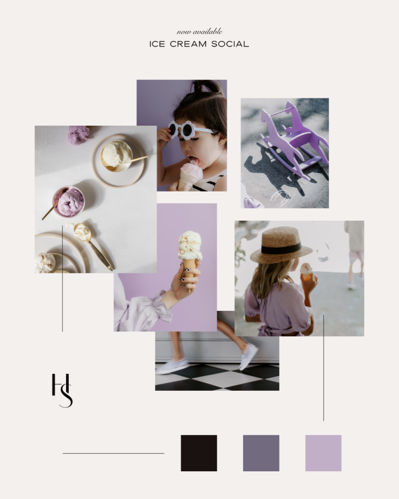 Mood board for Haute Stock's new collection featuring Ice Cream Photos. These pictures of ice cream and kids have a playful vibe and retro feel in a fun color palette of black, white, and lavender.