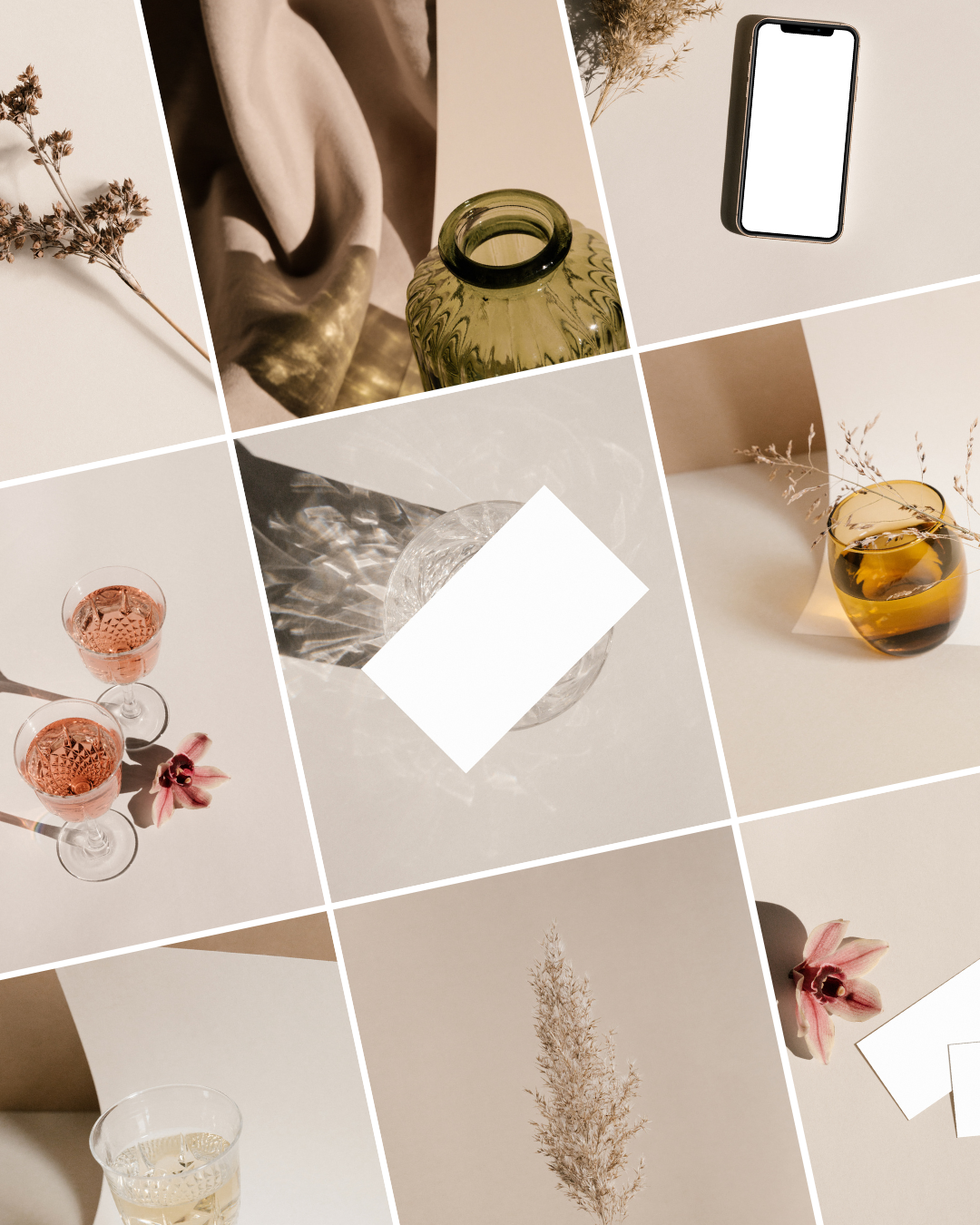 Collage of stock images for Rosa collection by Moyo Studio, featuring images for iPhone and business cards mockups as well as editorial celebration images for event planners.