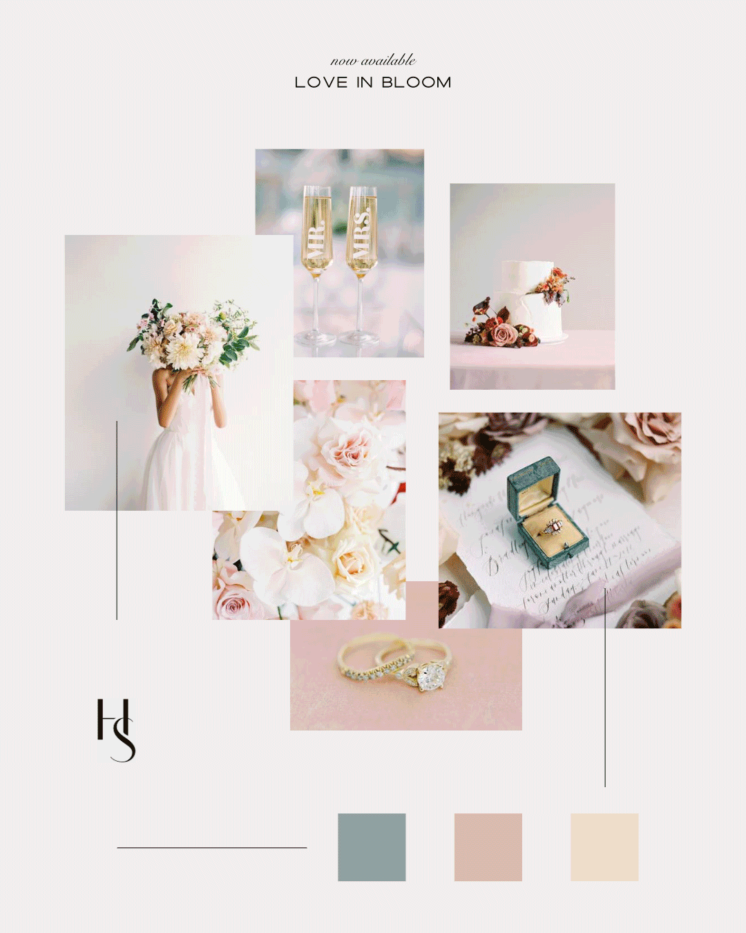 Mood board of floral arrangements in red & pink and wedding images in soft color palette, part of the latest Haute Stock 'Love in Bloom' collection. 