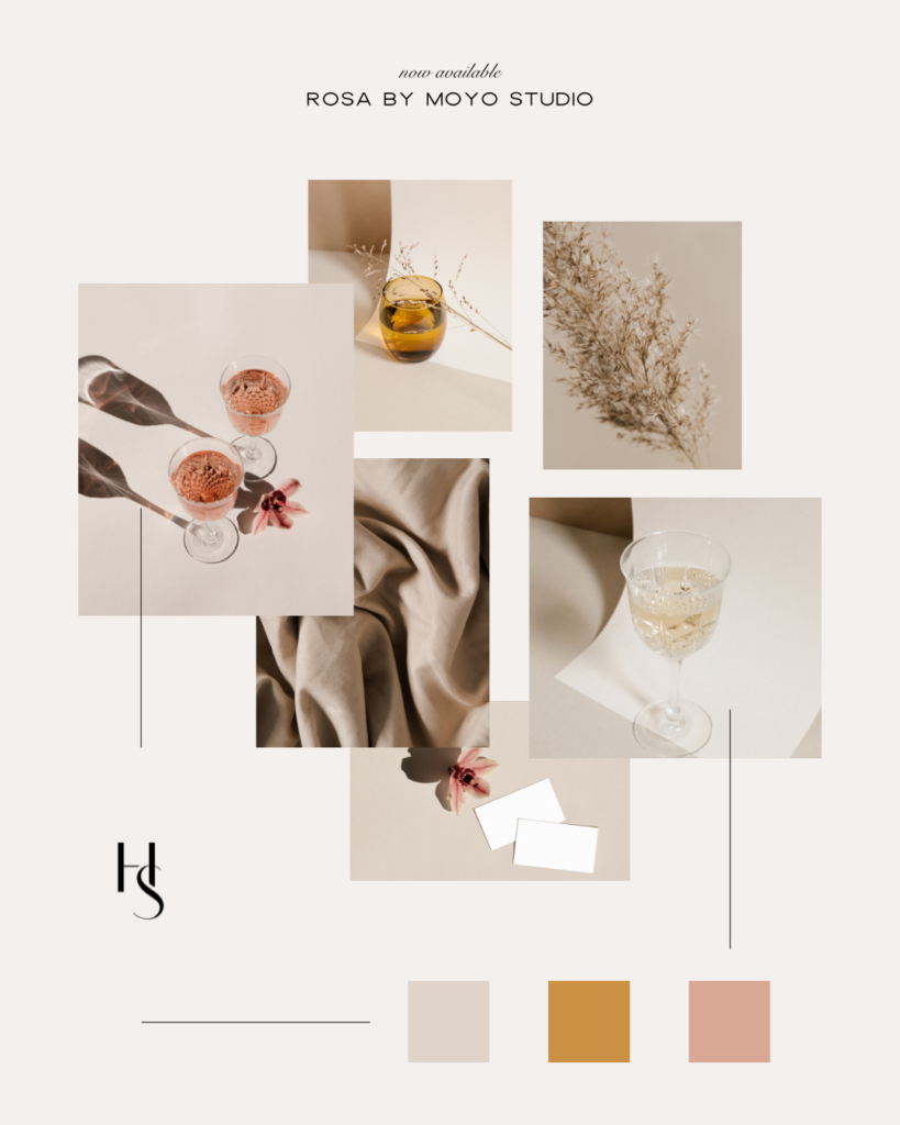 Mood board for Rosa by Moyo Studio Collection featuring images with texture, shadows, and minimal props in a rich palette of neutrals, burgundy, and amber perfect to elevate your visuals.