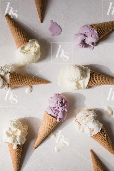 Vanilla and lavender flavor ice cream flatlay, fun seasonal images for your brands.
