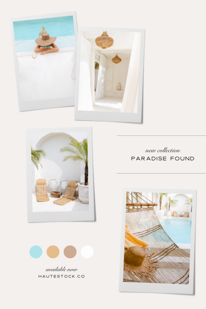 Mood board for Paradise Found, Haute Stock's new collection featuring exotic travel images in vibrant color palette of blue, yellow and neutrals. Browse travel wellness stock photos. 