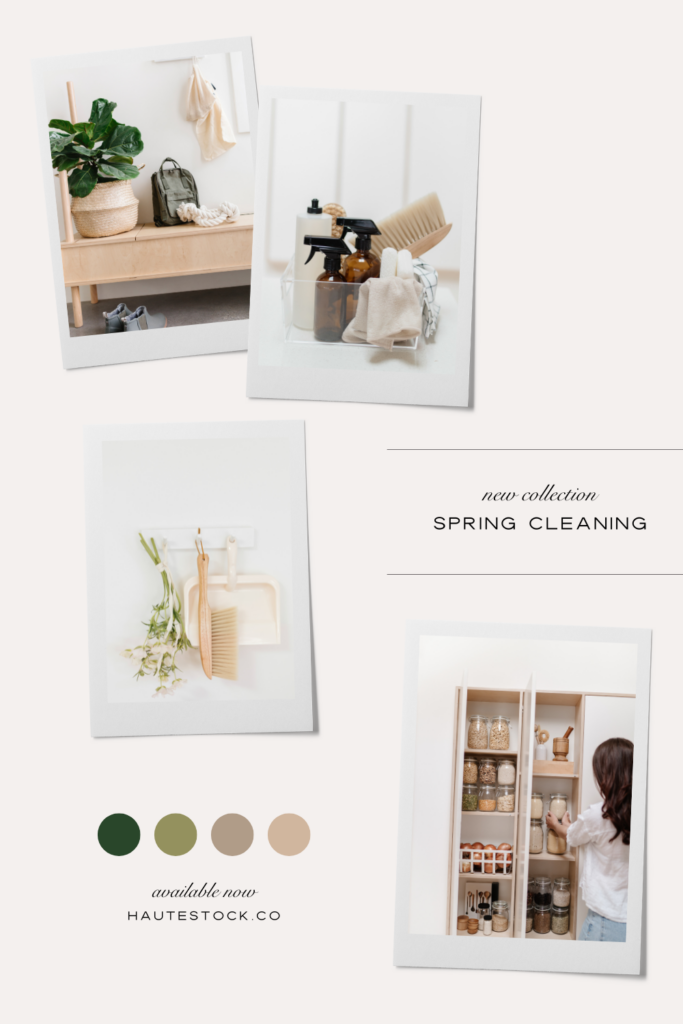 Mood board for Spring Cleaning collection featuring home organization stock photos in the soothing  neutral color palette and vibe.