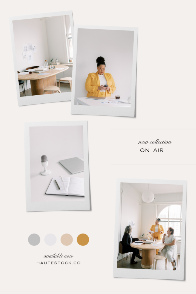 Mood board for On Air collection featuring relaxed mid-century modern workspace vibe and fresh pops of yellow and neutrals.