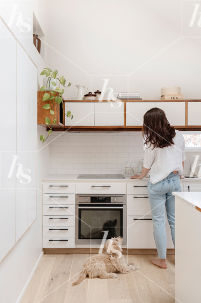 This stock image features a woman and dog in mid-century modern kitchen