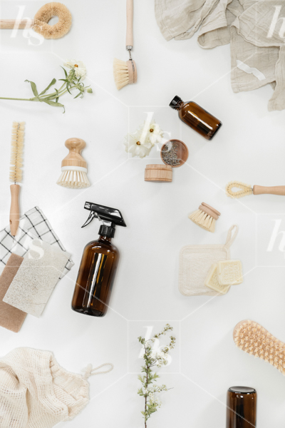 Stock photo of natural and eco-friendly cleaning supplies for home organizers and wellness brands