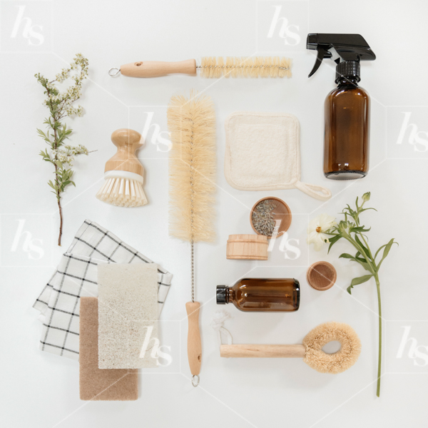Grid style flatlay with cleaning supplies, a stock image by Haute Stock