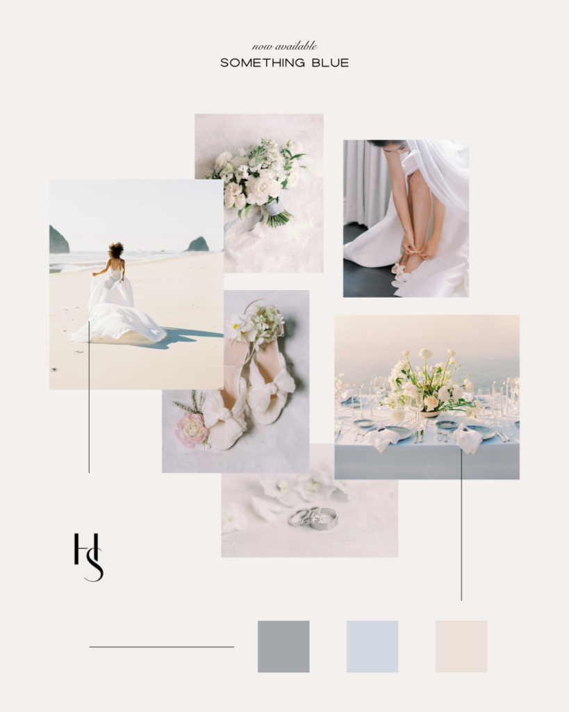 Mood Board for Something Blue featuring wedding floral and invitation images in blue and neutral color palette. You'll love these blue wedding stock photos.