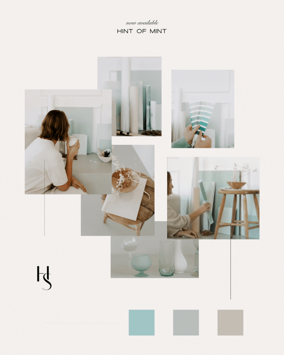Mood Board for Hint of Mint Collection featuring an artist at an art studio, canvases and art supplies in mint and teal color palette with boho and vintage vibe. Try our creative workspace stock photos.