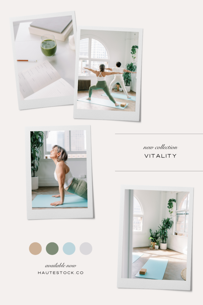 Moodboard for Haute Stock's new collection of health and wellness stock photos, Vitality. It features stock images of yoga and meditation, healthy veggies and fruits in green  and grey color palette perfect for your health & wellness brands.
