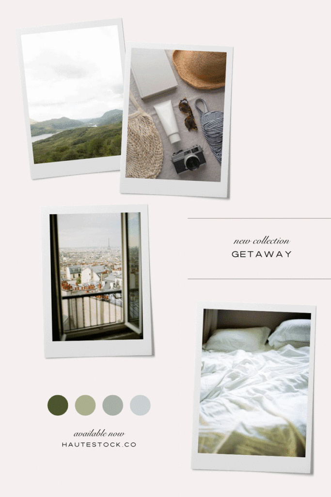 Mood board for Getaway consists of luxury travel stock photos featuring Parisian scenes, Italian countryside, sunsets and beaches and green pastures.
