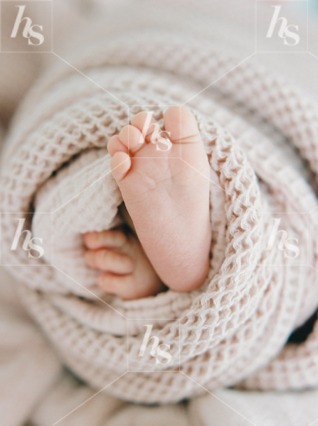 Close-up of baby feet wrapped up in neutral color blankets, perfect motherhood stock images.