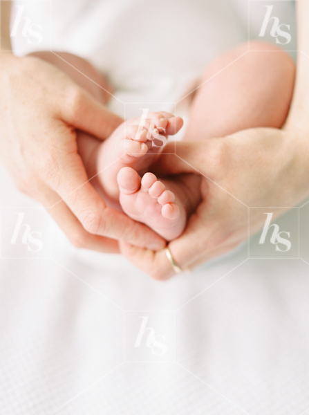 New mom holding newborn's feet, perfect motherhood stock image.