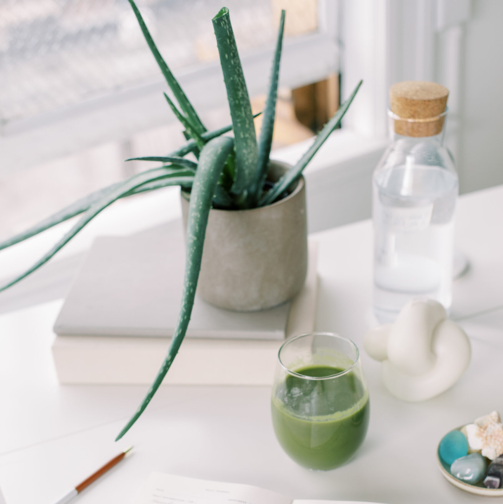health and wellness stock photo of green smoothie, water bottle, succulent plant, and calming desk decor