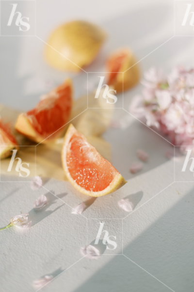 This stock image features a close-up of orange slices and flower petals on white background