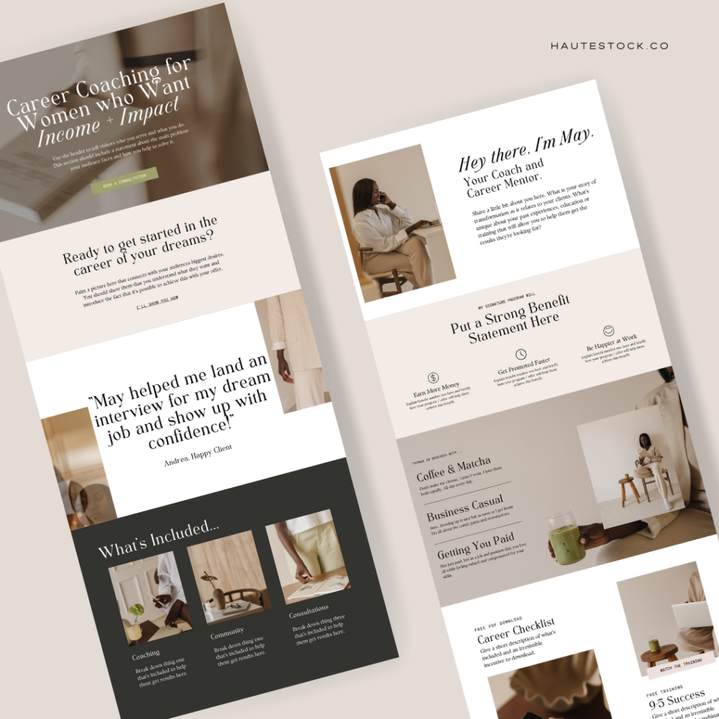 Haute Stock Canva Website Template using editorial stock photos that are neutral with a pop of matcha green.