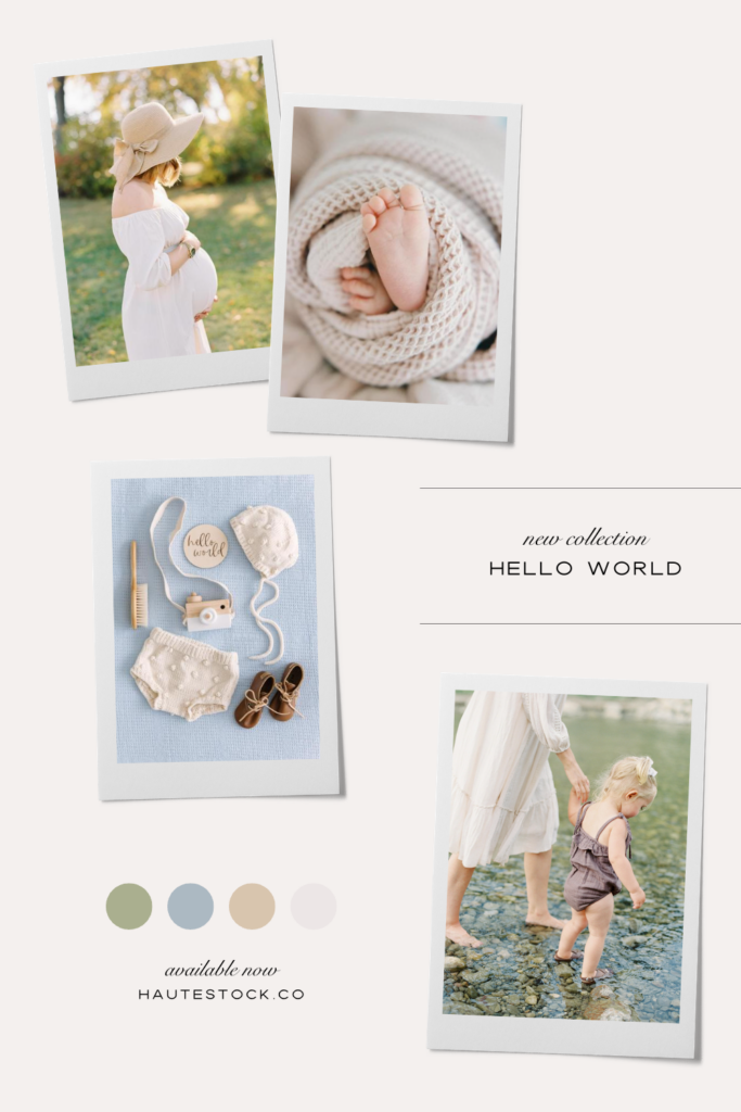 Mood board for Hello World collection of Motherhood Stock Photos, featuring images of moms and tots exploring nature, welcoming a newborn, baby bumps, and the cutest little outfits and toys in neutral color palette, blue and green.