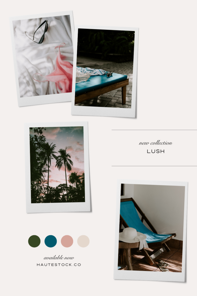 Mood board for Lush collection showcases the breathtaking beauty of the jungle, the inviting allure of a dip in the pool, and the ultimate vacation vibes. 