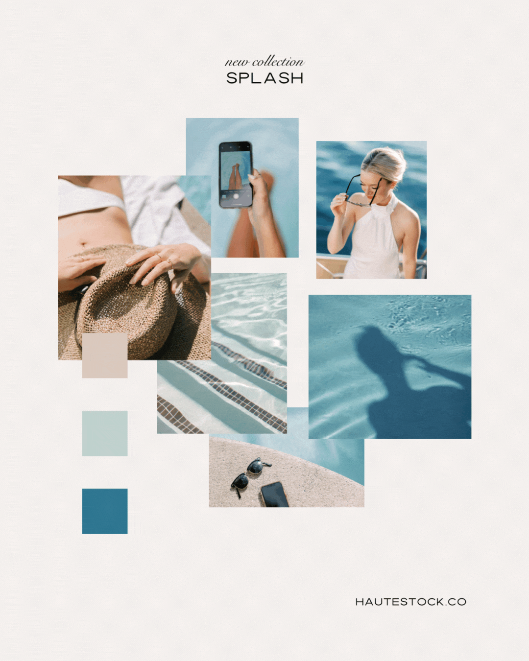 Mood board for Splash collection features stock photos and videos of relaxing day by the pool, in cool blue and neutral color palette.