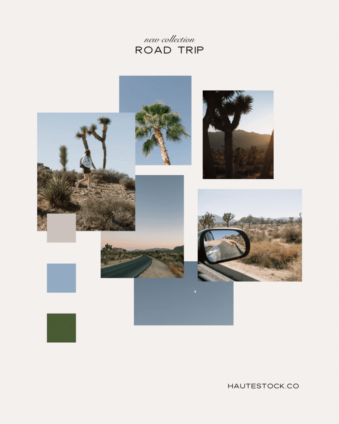 Mood board for Road Trip collection of desert adventures bohemian stock photos and videos that feel authentic, earthy and natural.