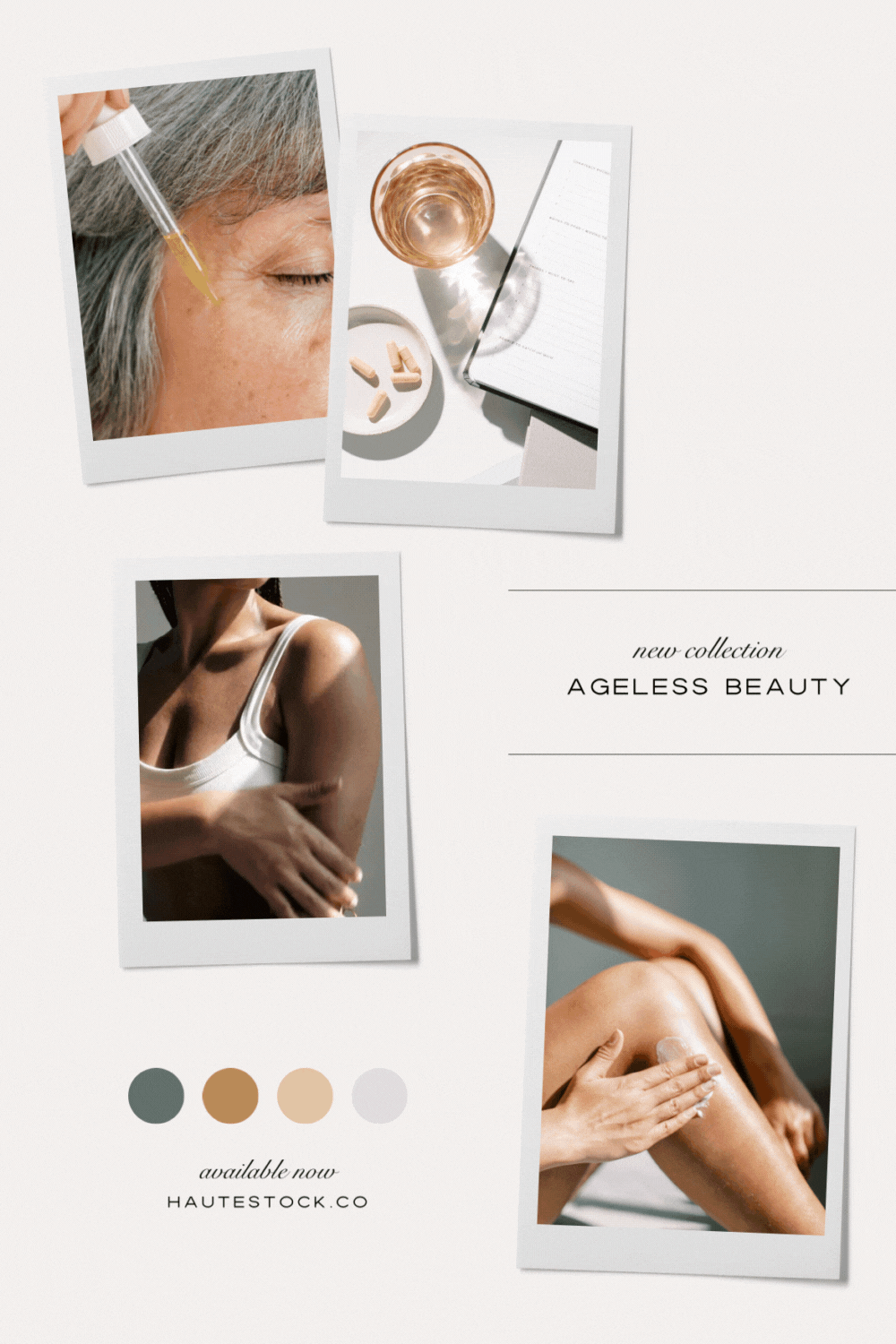 Mood board for Ageless Beauty, Haute Stock's latest collection, featuring Beauty and Wellness Stock Photos and videos that are perfect for fashion & beauty and health & wellness industries.