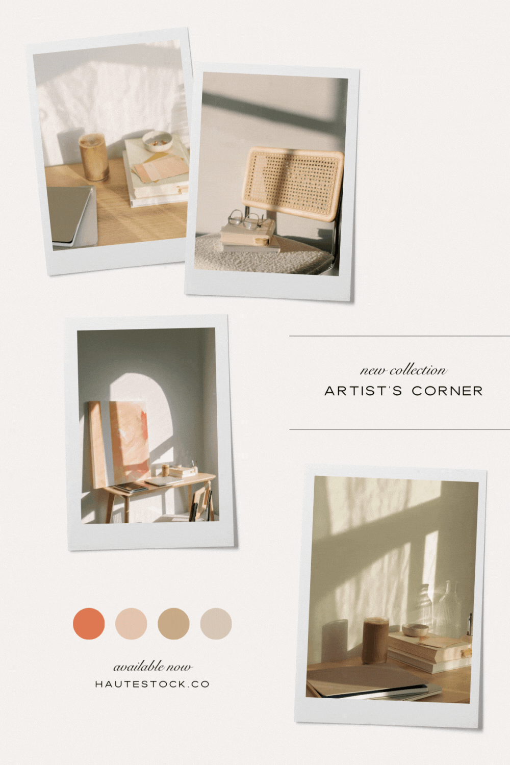 Mood board for Artist's Corner collection featuring workspace photos and videos in earthy and neutral color palette. 