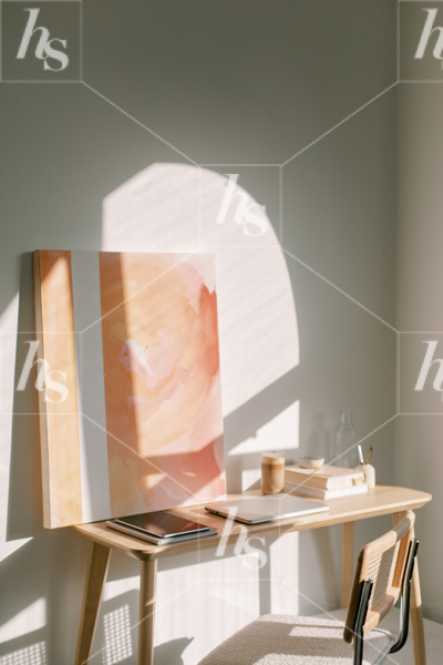 Gorgeous light and shadows in a neutral office, workspace stock images from Haute Stock's latest collection Artist's Corner